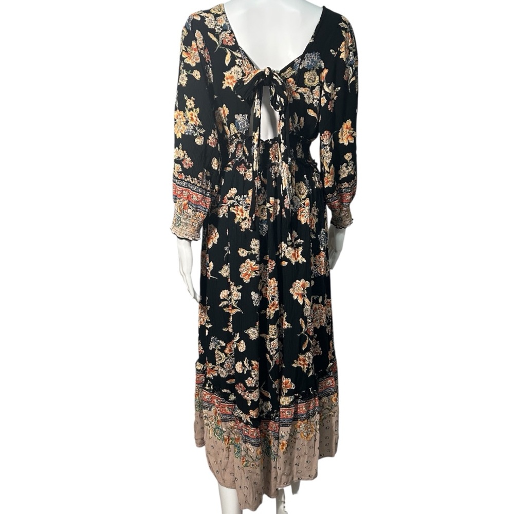 ANGIE Women’s Black Midi Dress Sz L Flowy Boho Floral High Low Smocked Slit - Picture 8 of 16